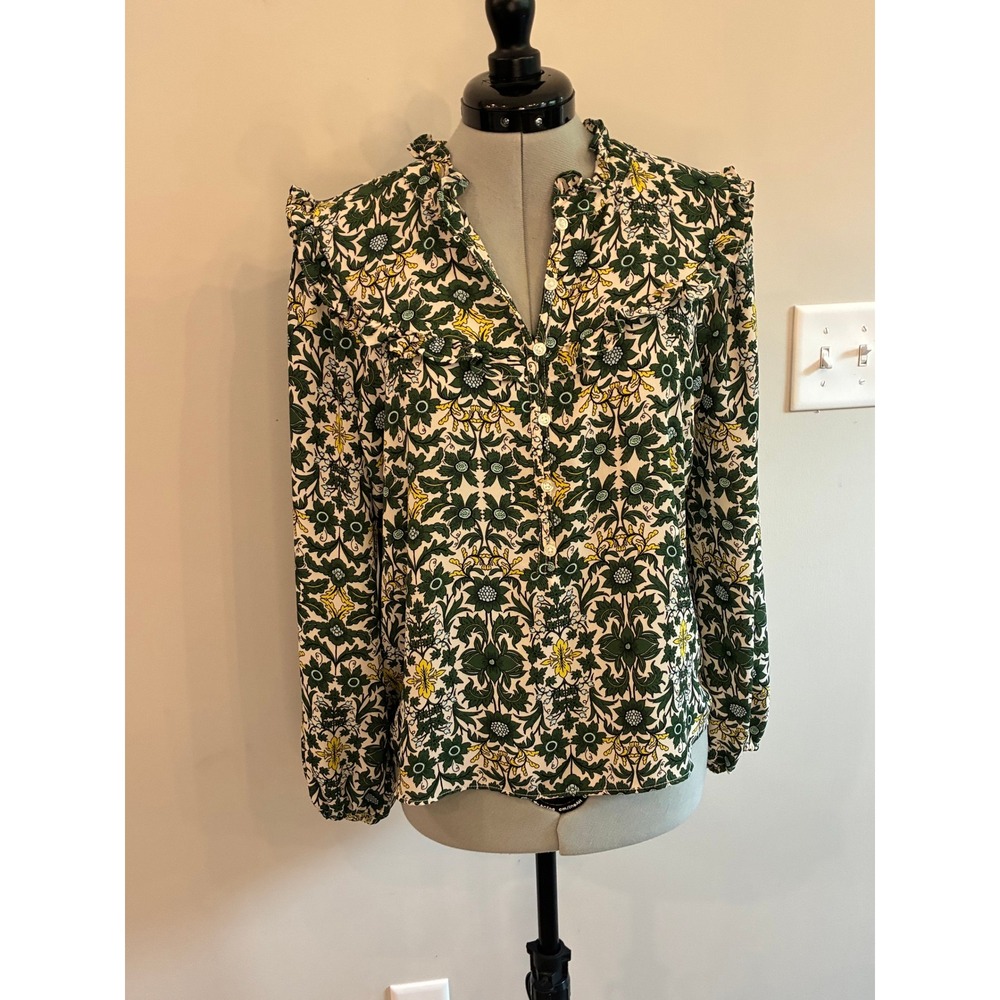 LOFT Outlet Green Floral Damask Ruffle Shoulder Blouse Small